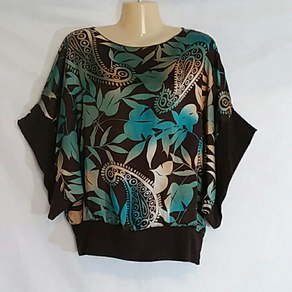 Uno Core 1XL Brown Floral Top Dramatic Sleeves Womens Flowy